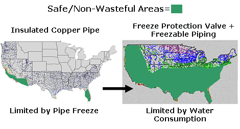 The left image shows the areas that have zero probability of freezing, indicating the West, Southwest, and Southeast of the country. The image on the right shows the areas that are limited by water consumption, indicating in green that the West, the Southwest, and the Southeast of the country.